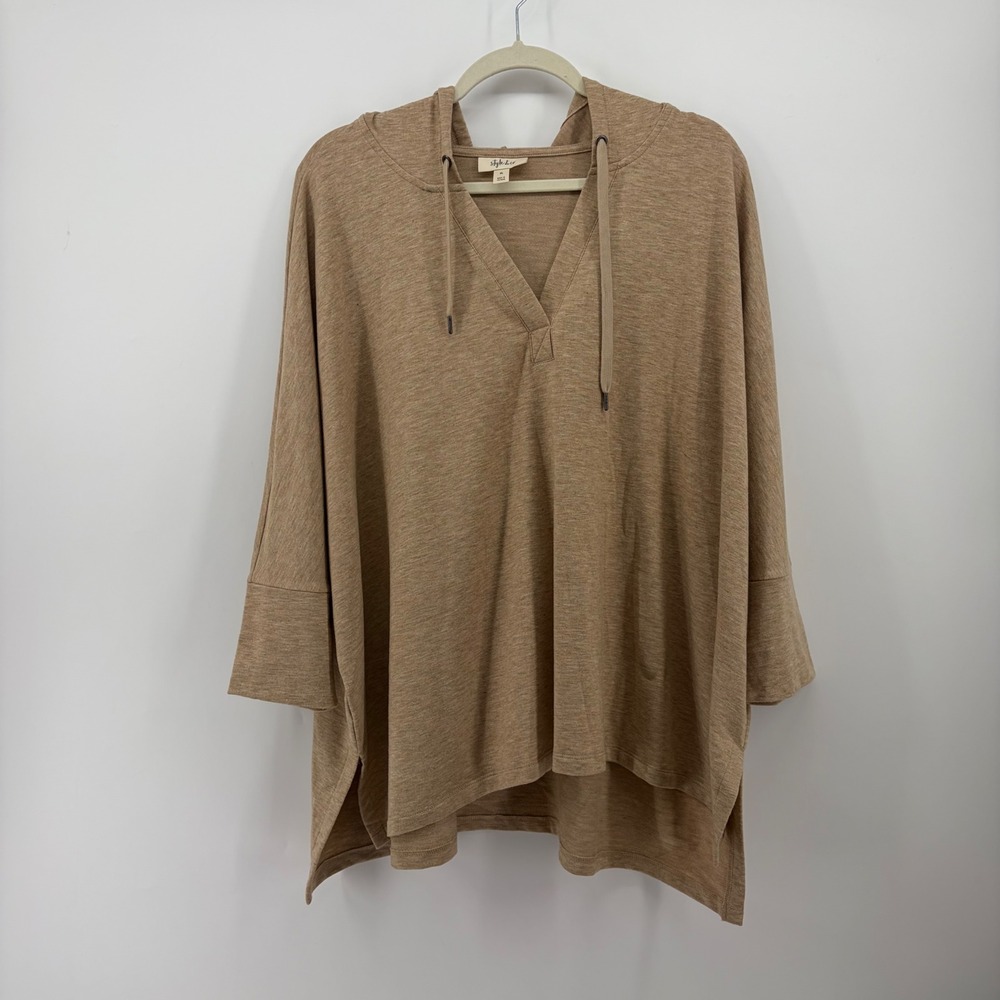 Style & Co Womens XL Tan Hoodie Pullover V-Neck Dolman Sleeve High Low Hem